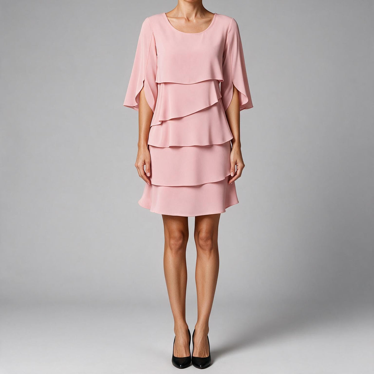 Annette | Womens Wedding Guest Round Neck Tiered Patchwork Midi Dress