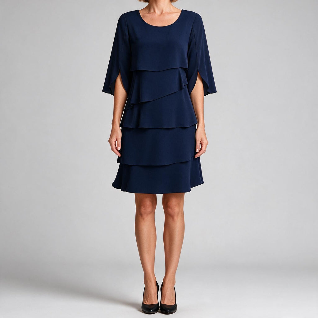 Annette | Womens Wedding Guest Round Neck Tiered Patchwork Midi Dress
