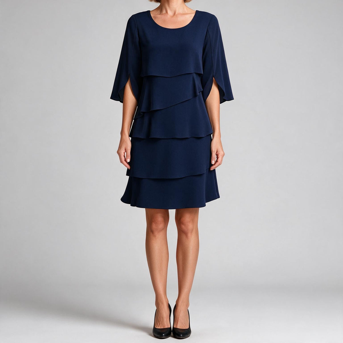 Annette | Womens Wedding Guest Round Neck Tiered Patchwork Midi Dress