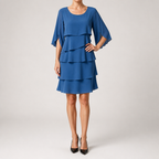 Annette | Womens Wedding Guest Round Neck Tiered Patchwork Midi Dress, Blue