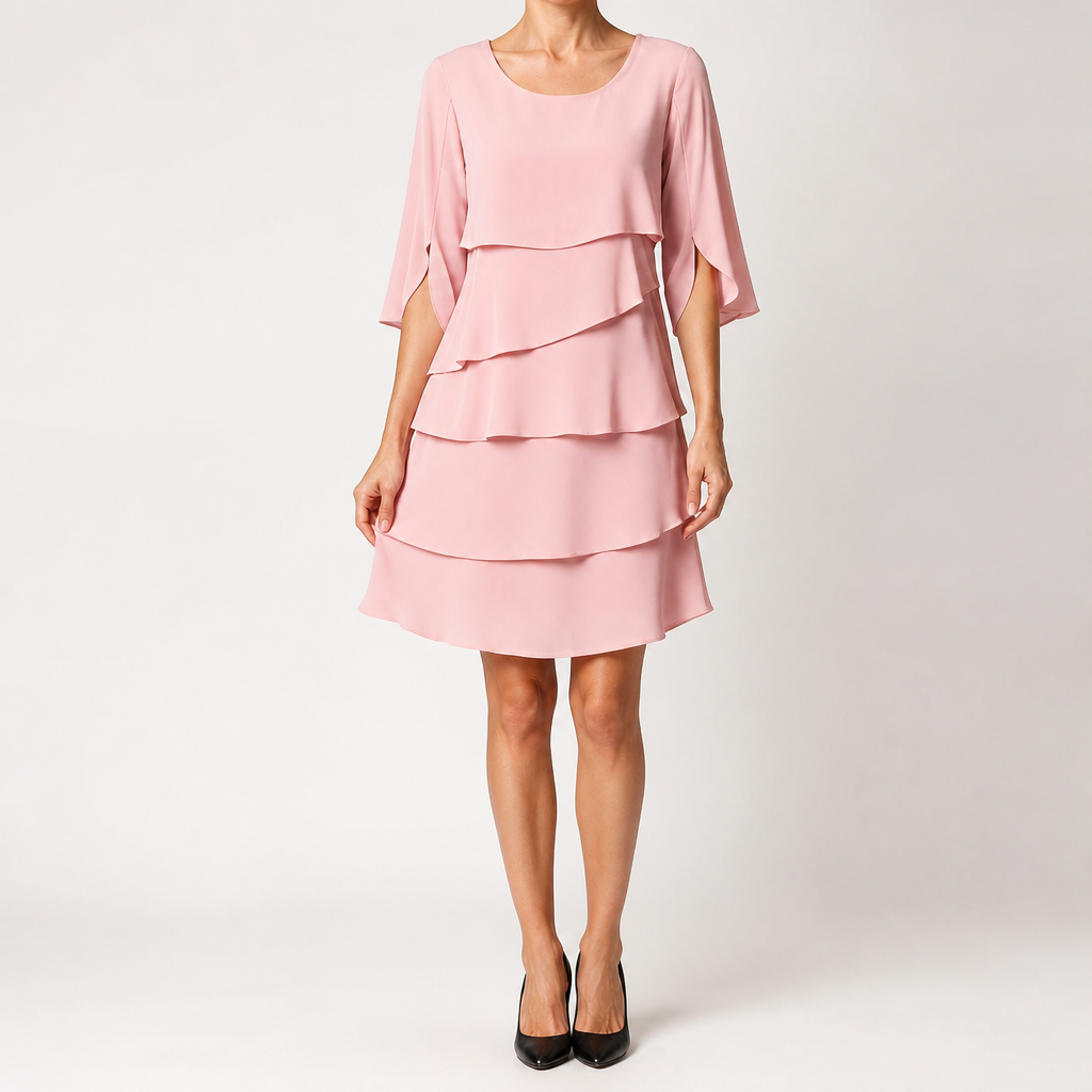 Annette | Womens Wedding Guest Round Neck Tiered Patchwork Midi Dress, Pink