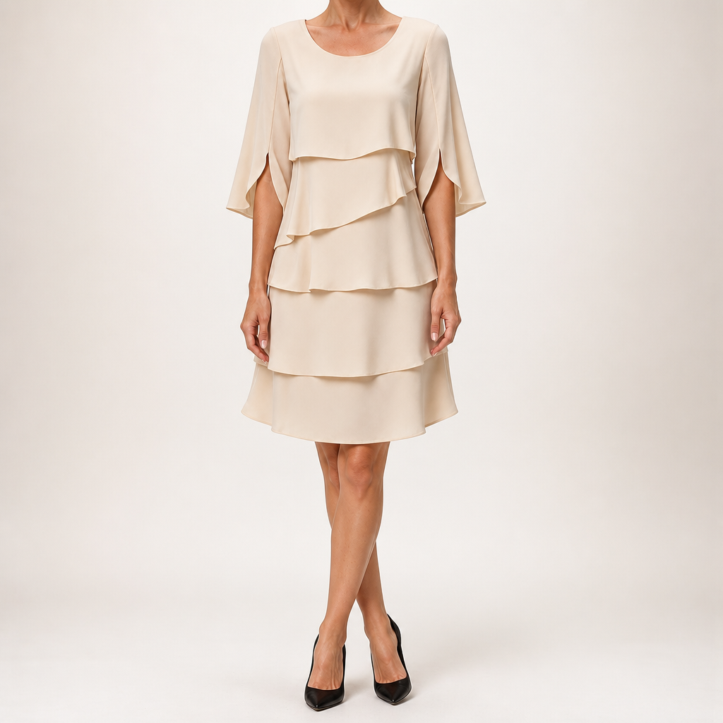 Annette | Womens Wedding Guest Round Neck Tiered Patchwork Midi Dress, Apricot