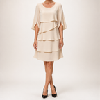 Annette | Womens Wedding Guest Round Neck Tiered Patchwork Midi Dress, Apricot