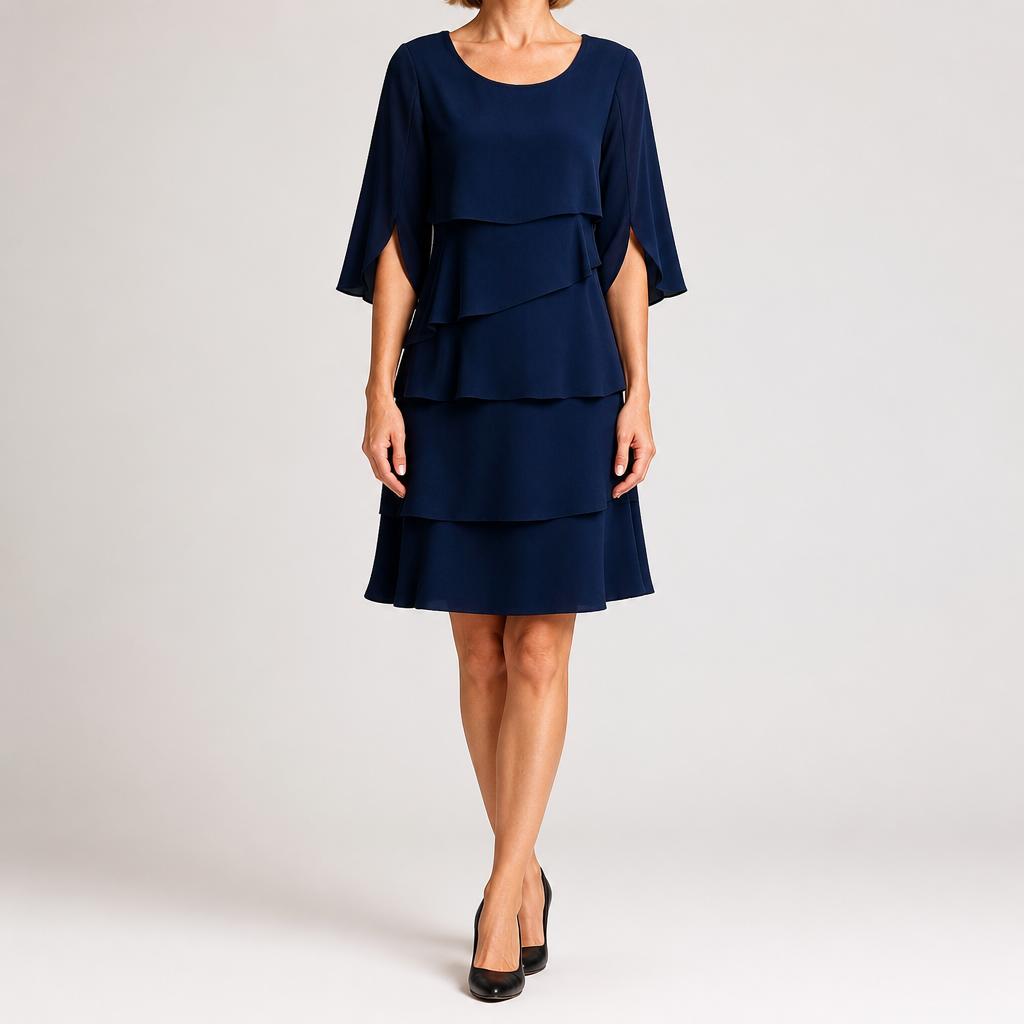 Annette | Womens Wedding Guest Round Neck Tiered Patchwork Midi Dress, Navy Blue