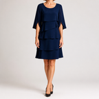 Annette | Womens Wedding Guest Round Neck Tiered Patchwork Midi Dress, Navy Blue