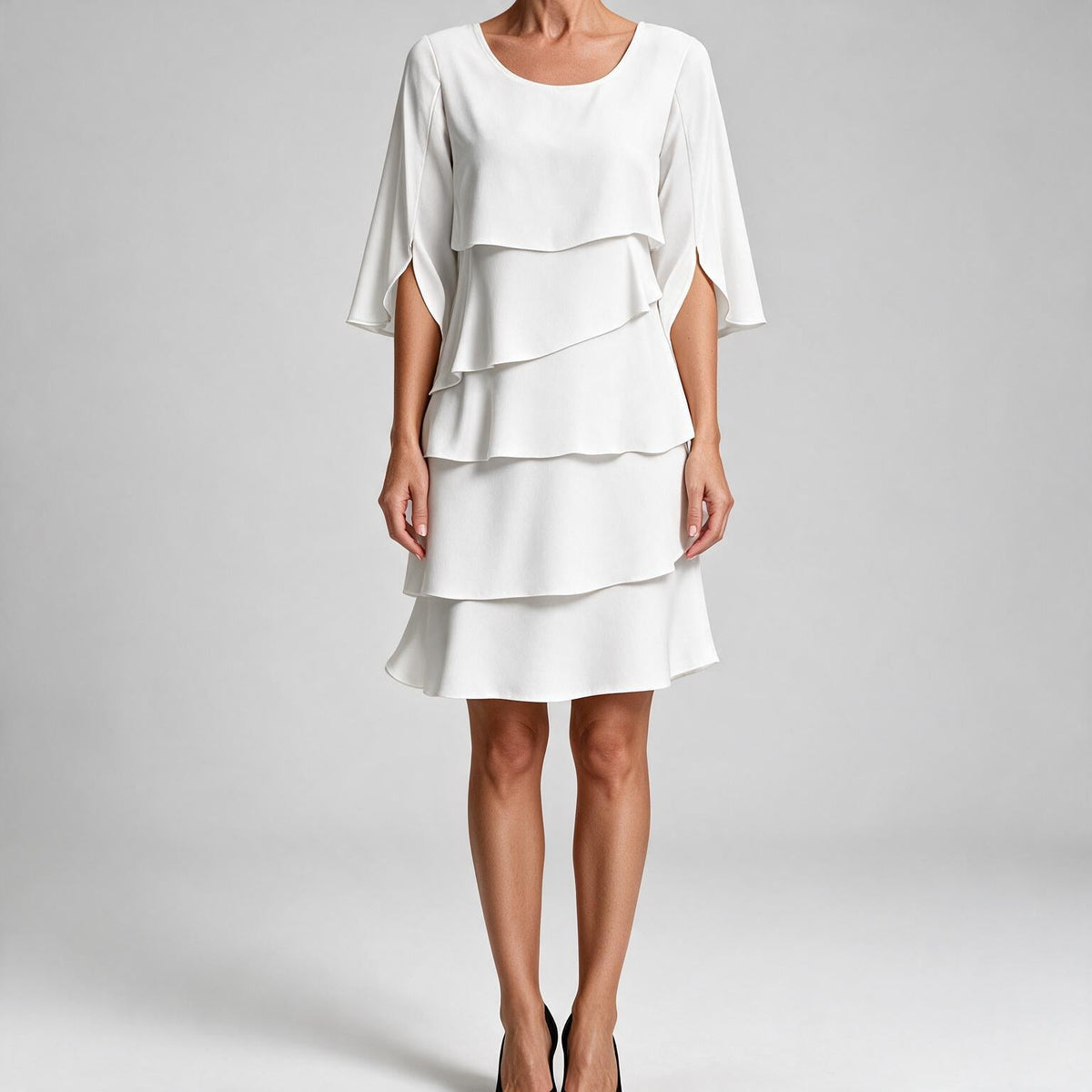Annette | Womens Wedding Guest Round Neck Tiered Patchwork Midi Dress