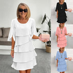 Annette | Womens Wedding Guest Round Neck Tiered Patchwork Midi Dress