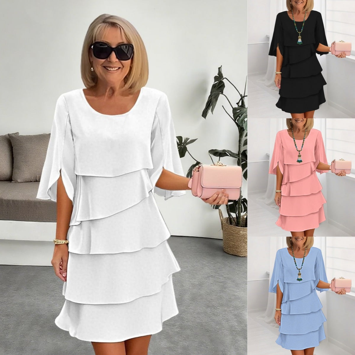 Annette | Womens Wedding Guest Round Neck Tiered Patchwork Midi Dress