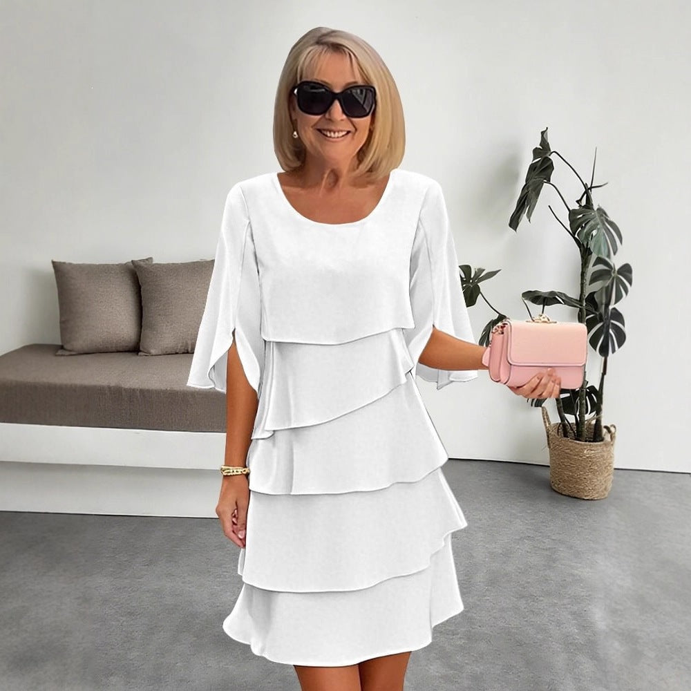 Annette | Womens Wedding Guest Round Neck Tiered Patchwork Midi Dress