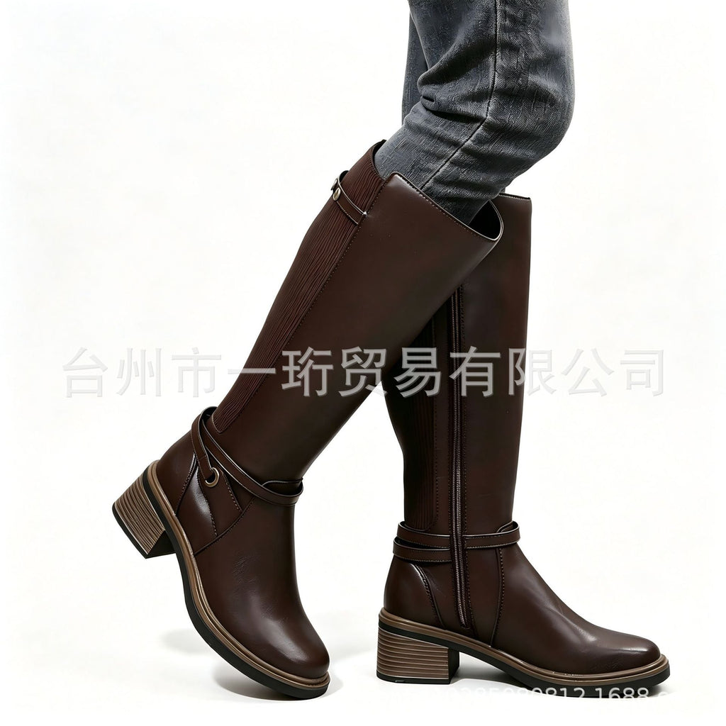 Ansley | Womens Knee High Heeled Boots Chunky Heel Side Zip