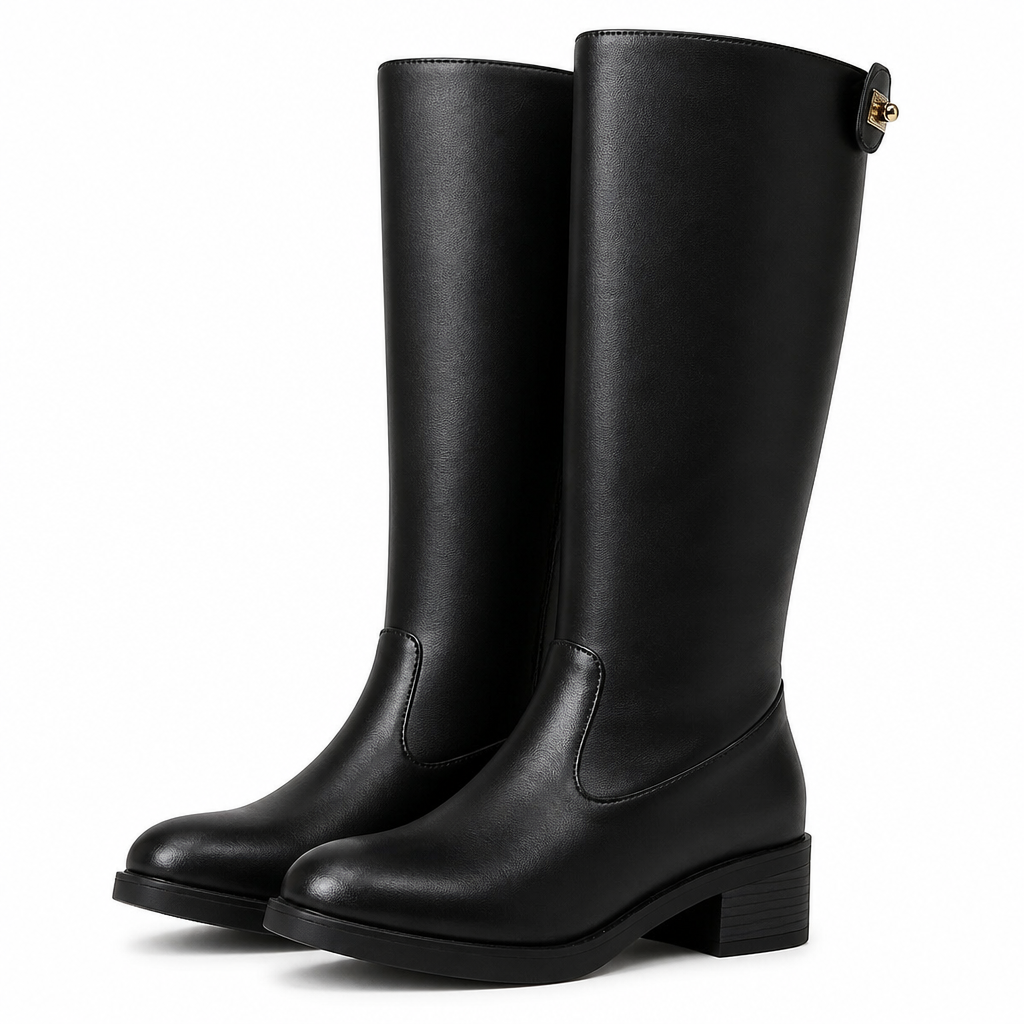 Ansley | Womens Knee High Heeled Boots Chunky Heel Side Zip