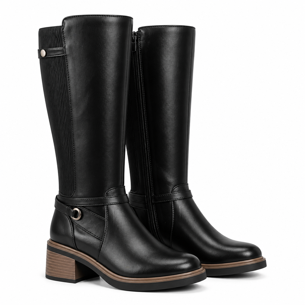 Ansley | Womens Knee High Heeled Boots Chunky Heel Side Zip
