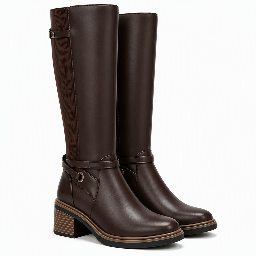 Ansley | Womens Knee High Heeled Boots Chunky Heel Side Zip
