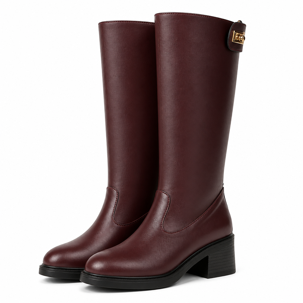 Ansley | Womens Knee High Heeled Boots Chunky Heel Side Zip