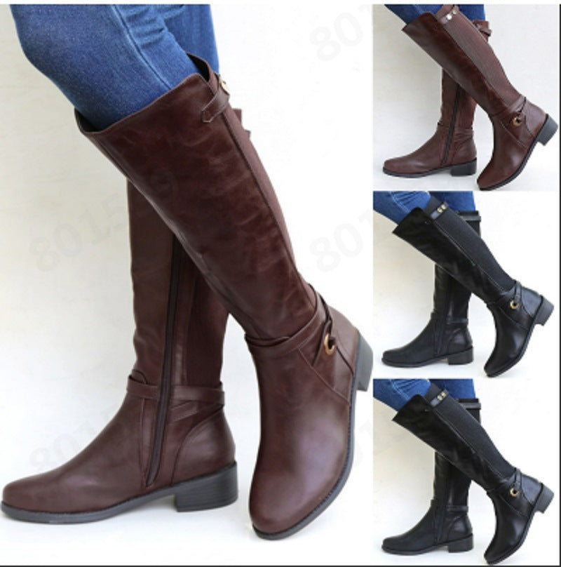 Ansley | Womens Knee High Heeled Boots Chunky Heel Side Zip