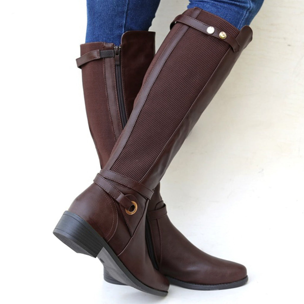 Ansley | Womens Knee High Heeled Boots Chunky Heel Side Zip