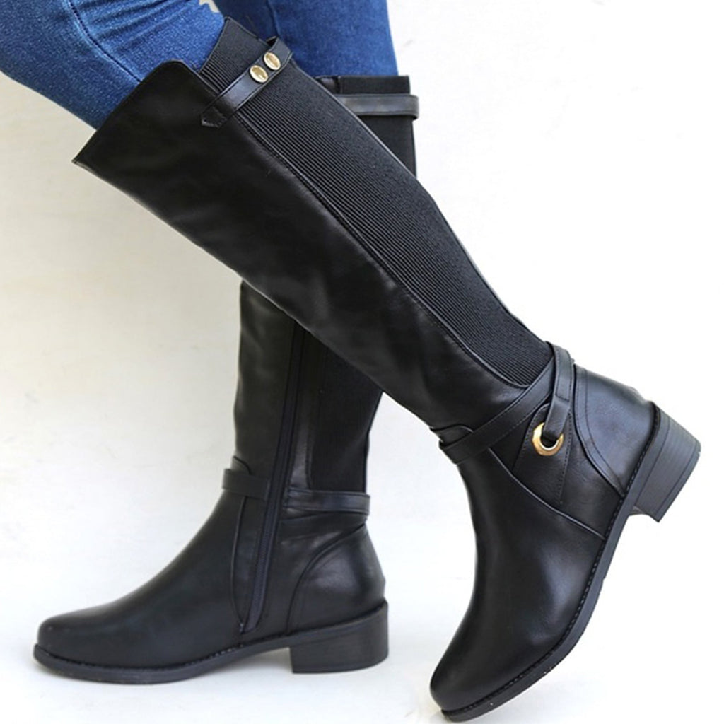 Ansley | Womens Knee High Heeled Boots Chunky Heel Side Zip