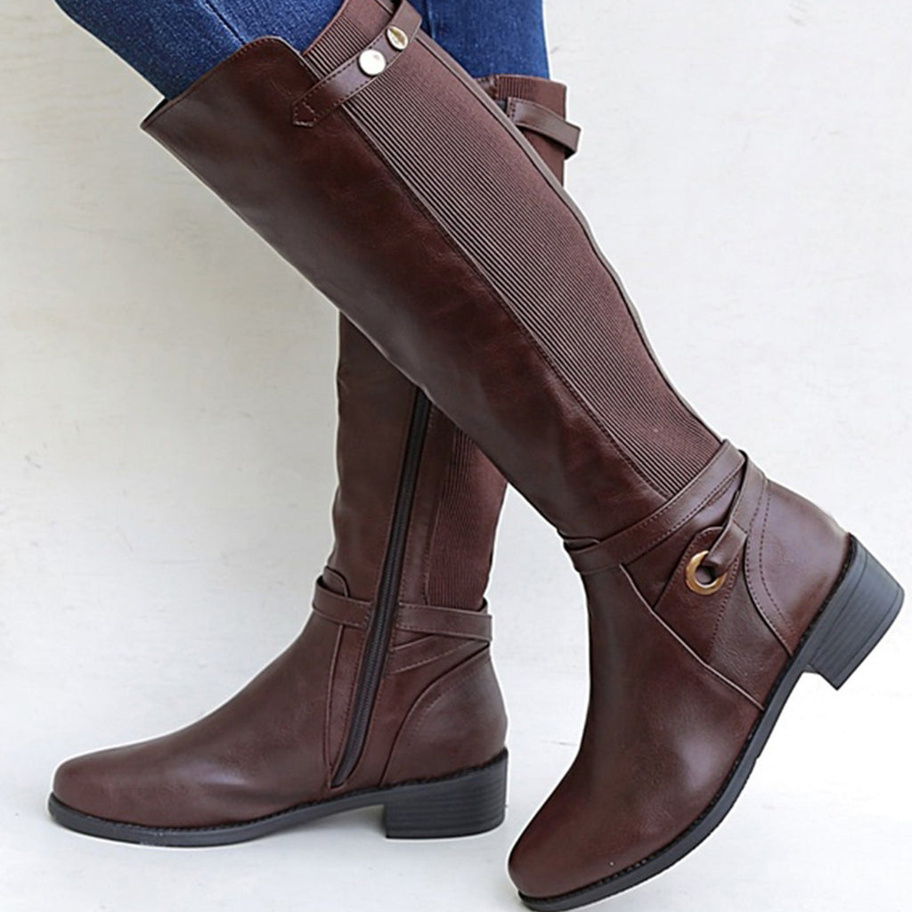 Ansley | Womens Knee High Heeled Boots Chunky Heel Side Zip
