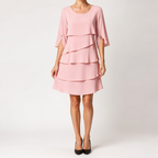 Antonia | Womens Wedding Guest Midi Dresses Round Neck Tiered Patchwork Dress, Pink