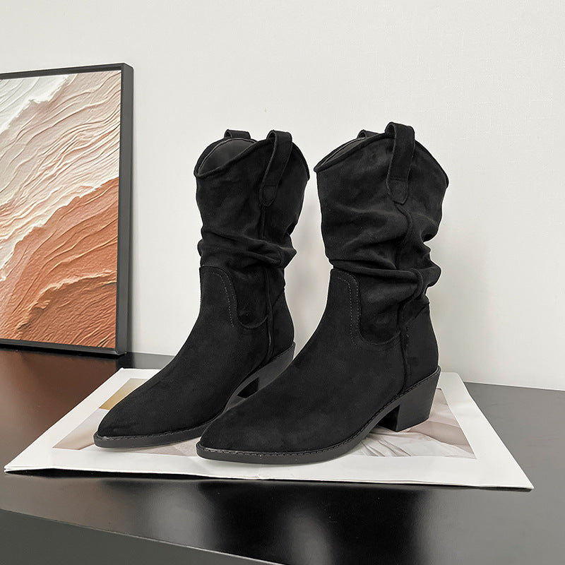 Ashlyn | Womens Suede Pointed Toe Chunky Heel Knee High Riding Boots