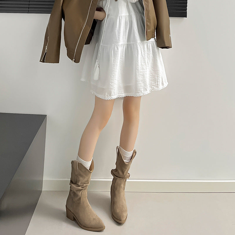 Ashlyn | Womens Suede Pointed Toe Chunky Heel Knee High Riding Boots