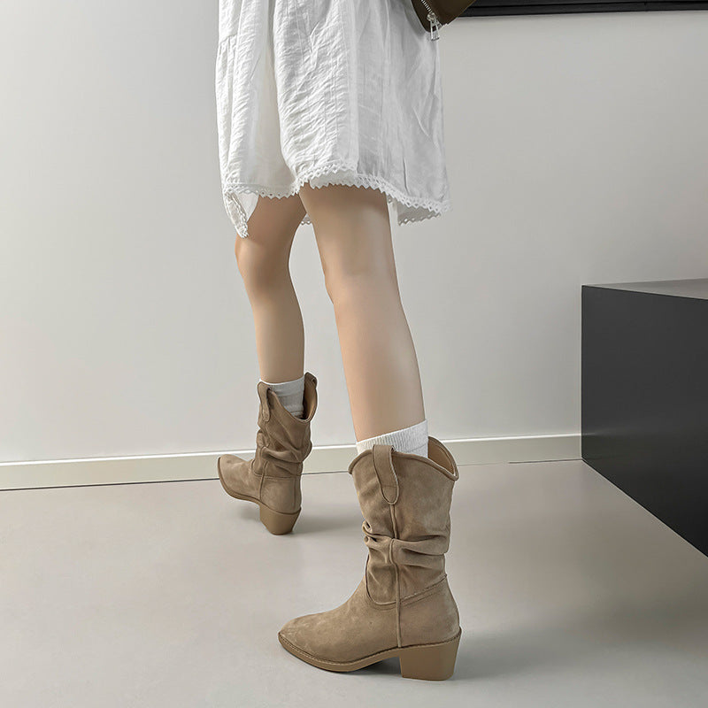 Ashlyn | Womens Suede Pointed Toe Chunky Heel Knee High Riding Boots