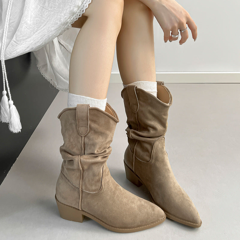 Ashlyn | Womens Suede Pointed Toe Chunky Heel Knee High Riding Boots