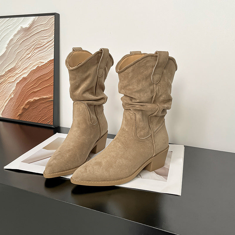 Ashlyn | Womens Suede Pointed Toe Chunky Heel Knee High Riding Boots