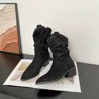 Ashlyn | Womens Suede Pointed Toe Chunky Heel Knee High Riding Boots