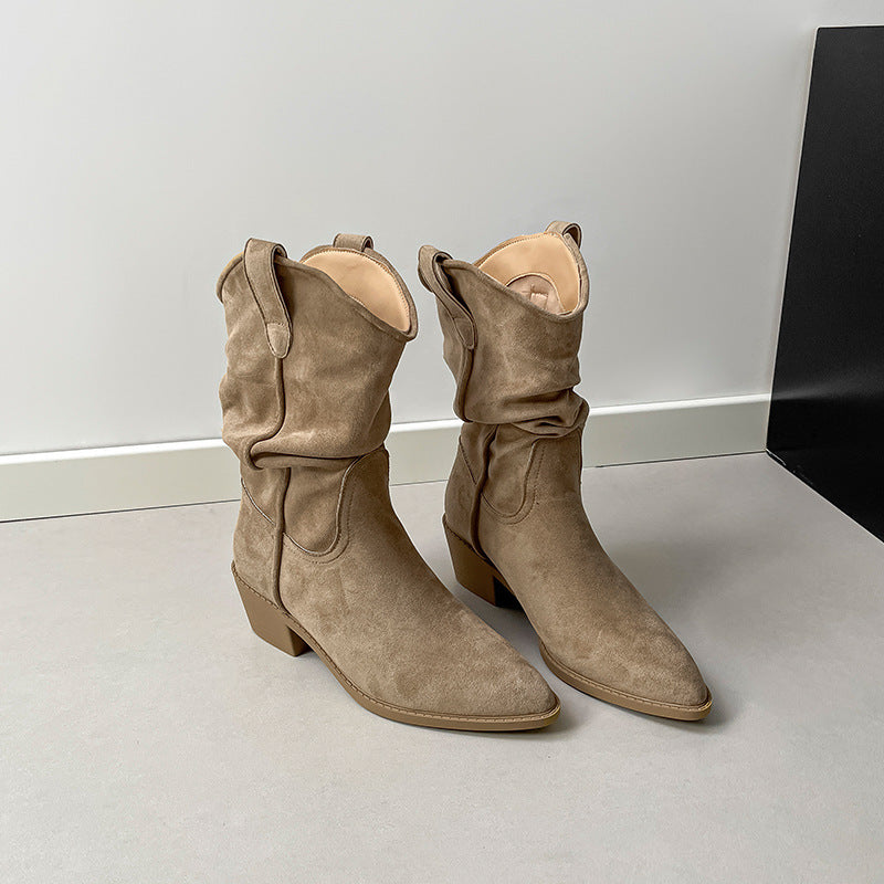 Ashlyn | Womens Suede Pointed Toe Chunky Heel Knee High Riding Boots