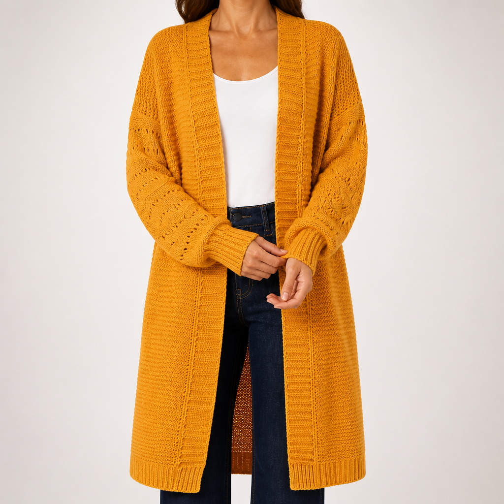 Audra | Womens Long V Neck Open Front Knit Cardigan Sweater, Turmeric