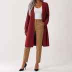 Audra | Womens Long V Neck Open Front Knit Cardigan Sweater, Red