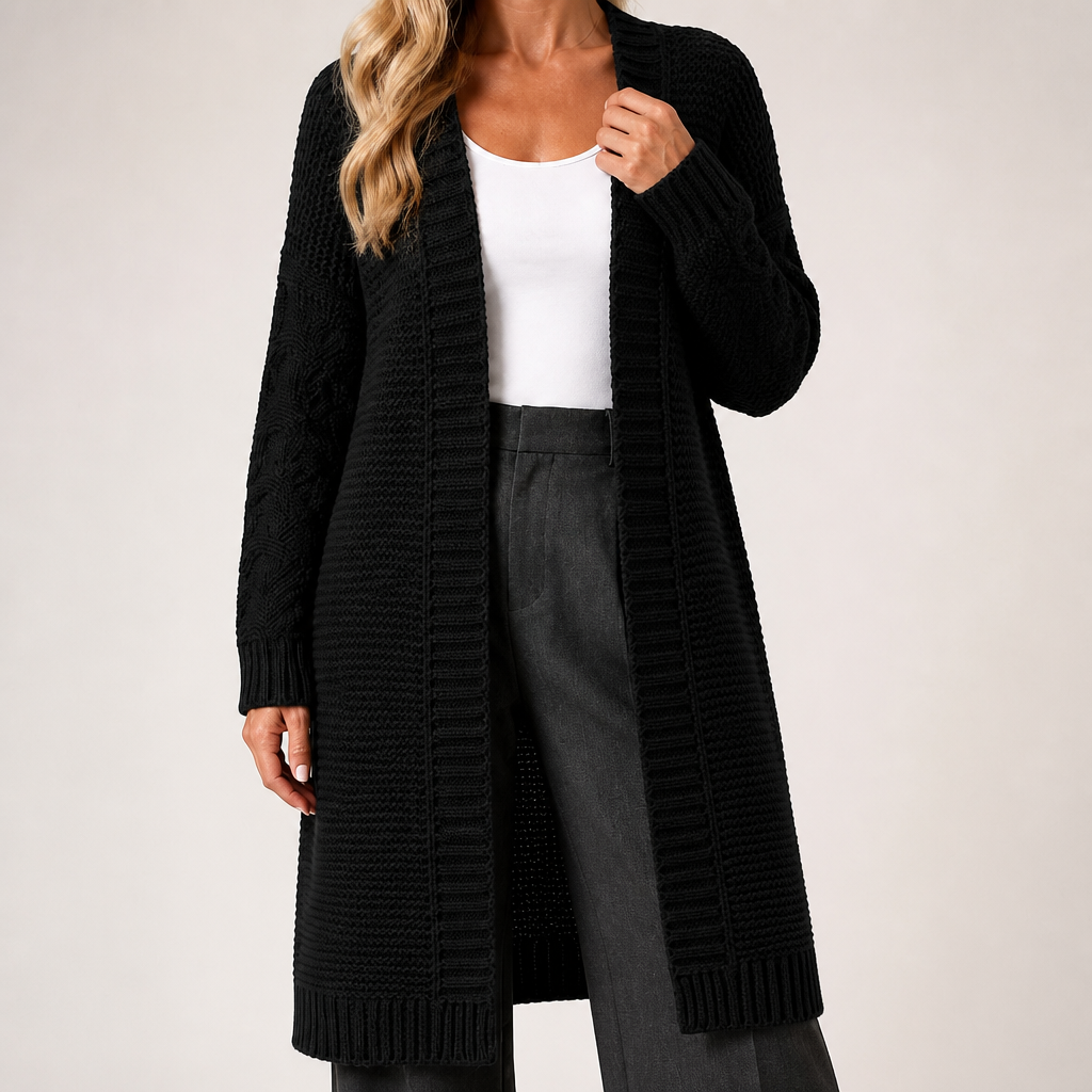 Audra | Womens Long V Neck Open Front Knit Cardigan Sweater, Black