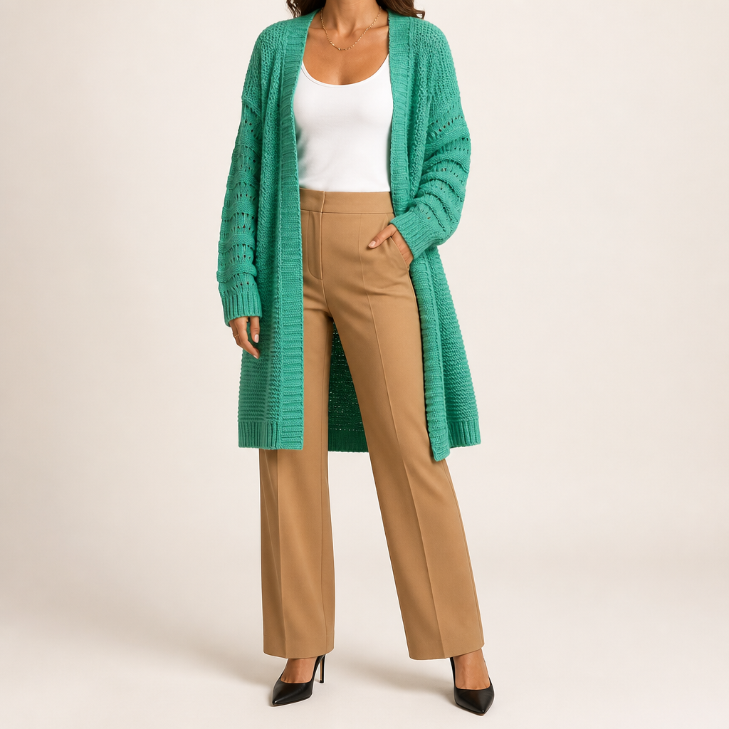 Audra | Womens Long V Neck Open Front Knit Cardigan Sweater, Green