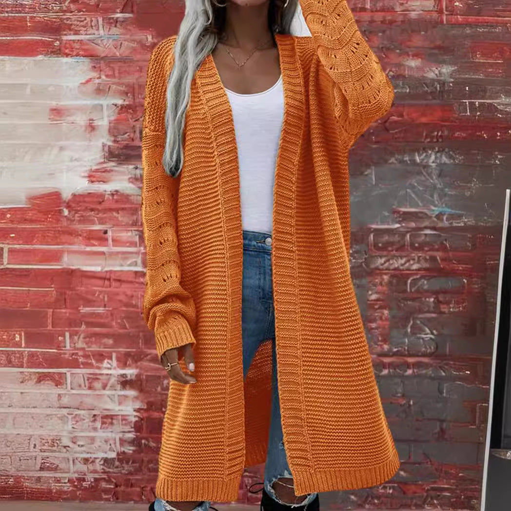 Audra | Womens Long V Neck Open Front Knit Cardigan Sweater, Orange