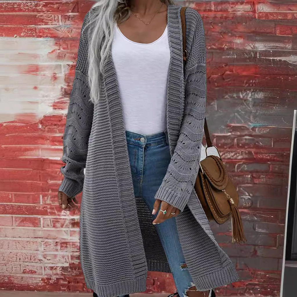 Audra | Womens Long V Neck Open Front Knit Cardigan Sweater, Grey