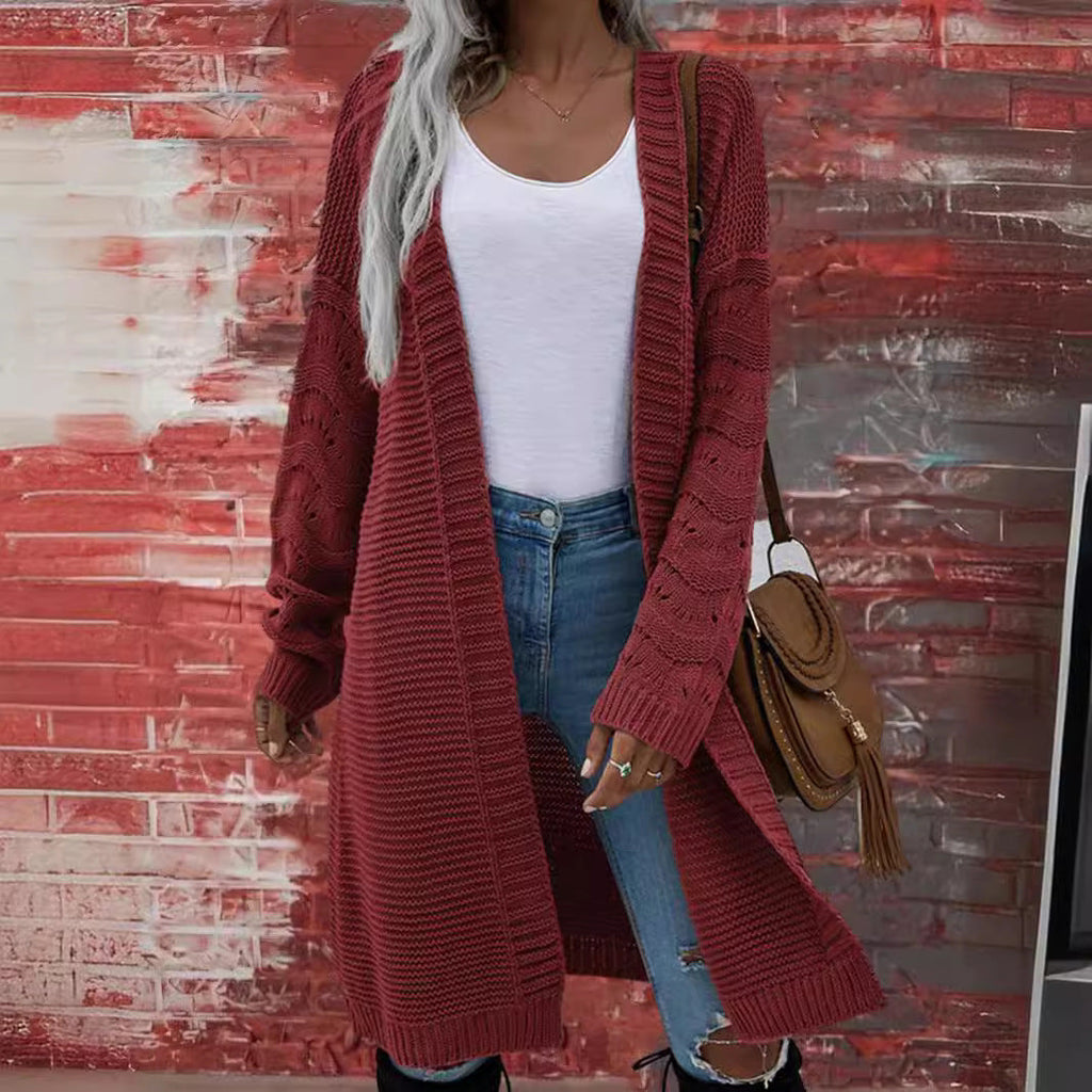 Audra | Womens Long V Neck Open Front Knit Cardigan Sweater, Red