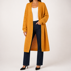 Audra | Womens Long V Neck Open Front Knit Cardigan Sweater, Turmeric
