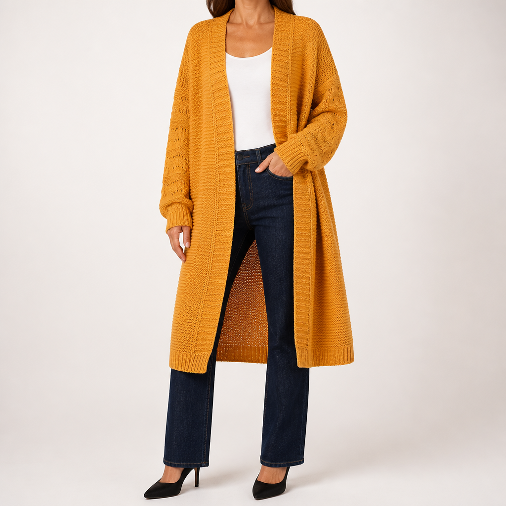 Audra | Womens Long V Neck Open Front Knit Cardigan Sweater, Turmeric