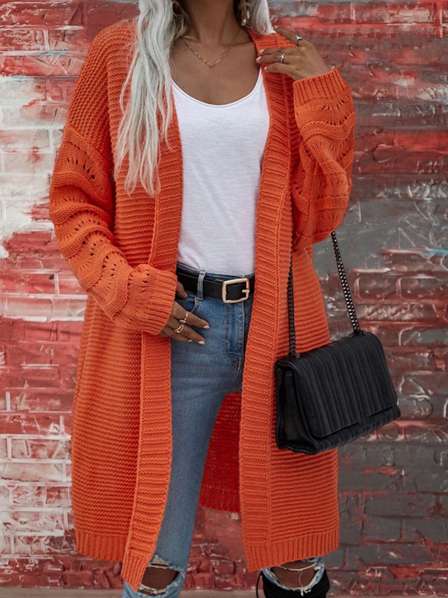 Audra | Womens Long V Neck Open Front Knit Cardigan Sweater, Orange