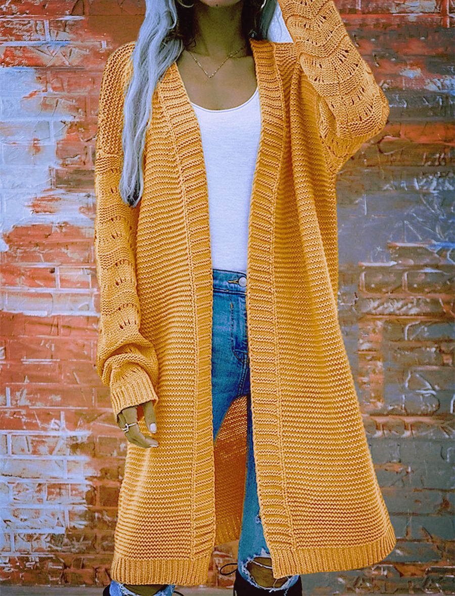Audra | Womens Long V Neck Open Front Knit Cardigan Sweater, Turmeric
