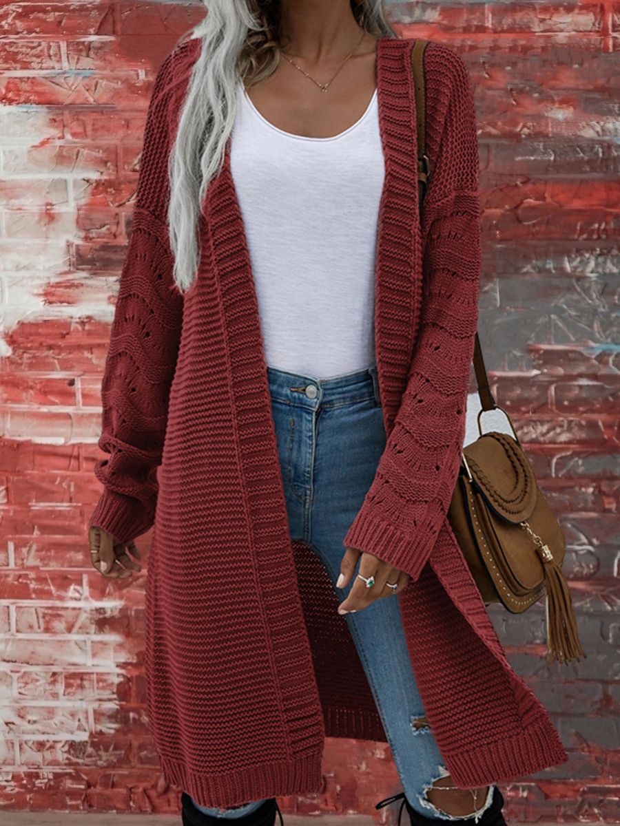 Audra | Womens Long V Neck Open Front Knit Cardigan Sweater, Red