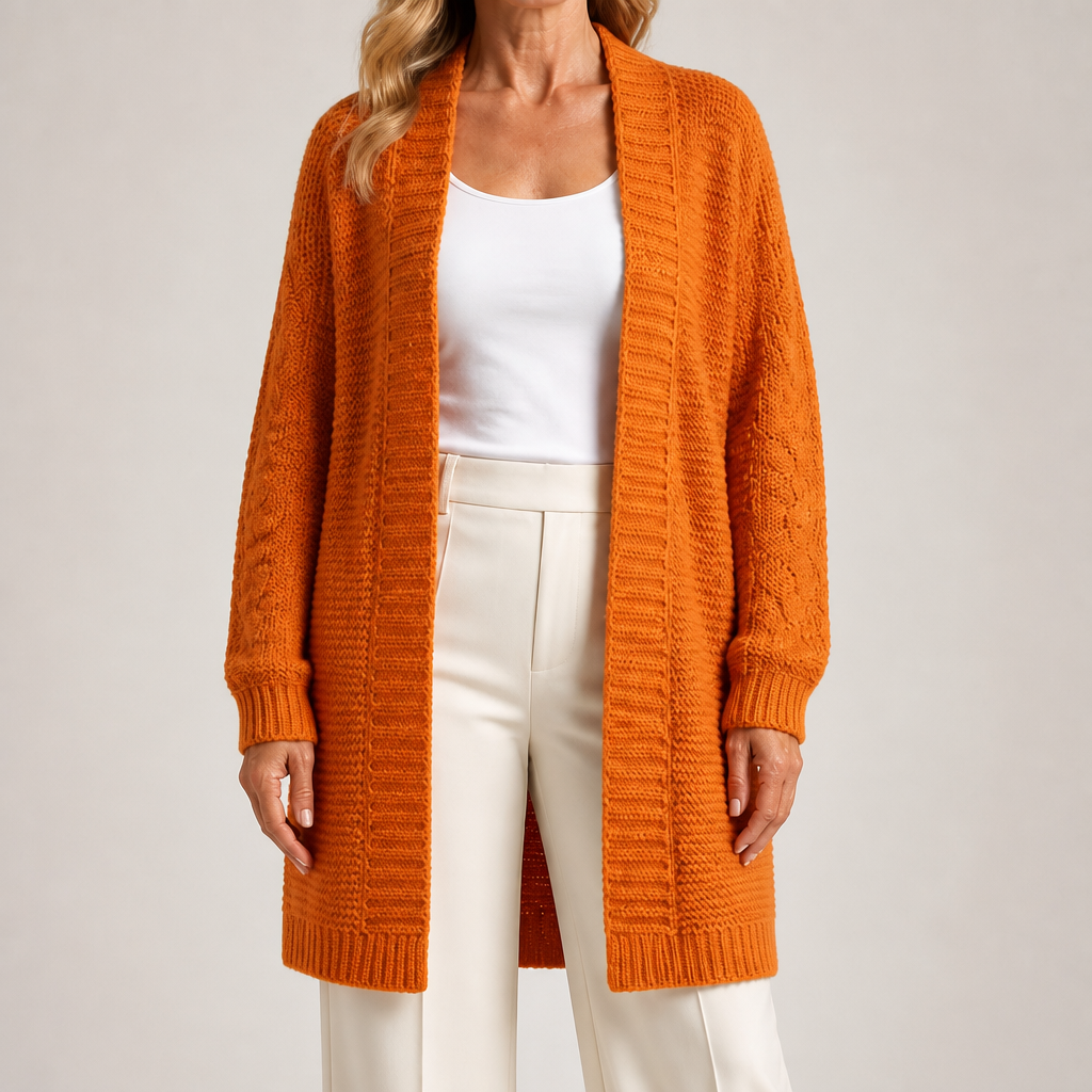 Audra | Womens Long V Neck Open Front Knit Cardigan Sweater, Orange