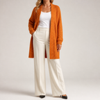 Audra | Womens Long V Neck Open Front Knit Cardigan Sweater, Orange