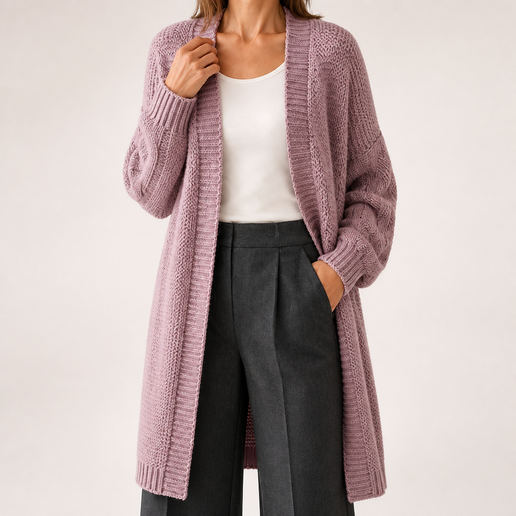 Audra | Womens Long V Neck Open Front Knit Cardigan Sweater, Pink