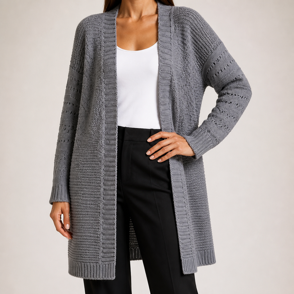 Audra | Womens Long V Neck Open Front Knit Cardigan Sweater, Grey