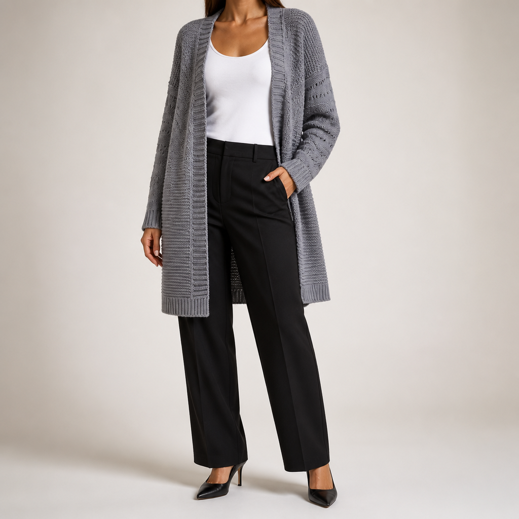 Audra | Womens Long V Neck Open Front Knit Cardigan Sweater, Grey