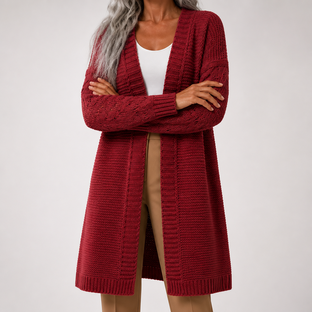 Audra | Womens Long V Neck Open Front Knit Cardigan Sweater, Red