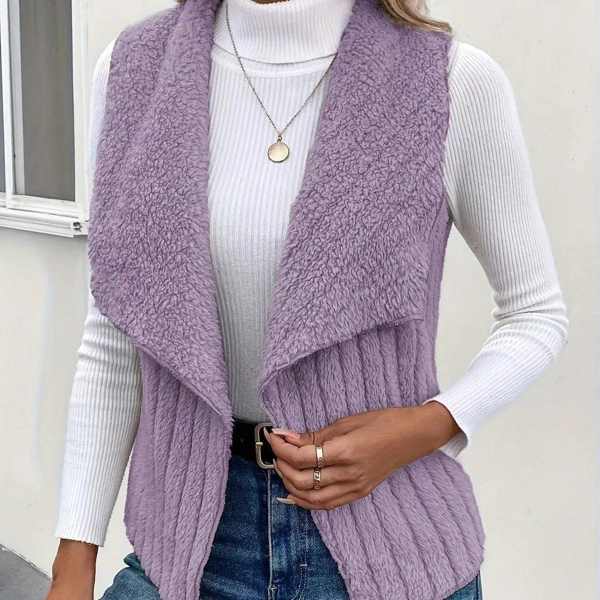 Augusta | Womens Fleece Sleeveless Waterfall Collar Vest Jacket, Purple
