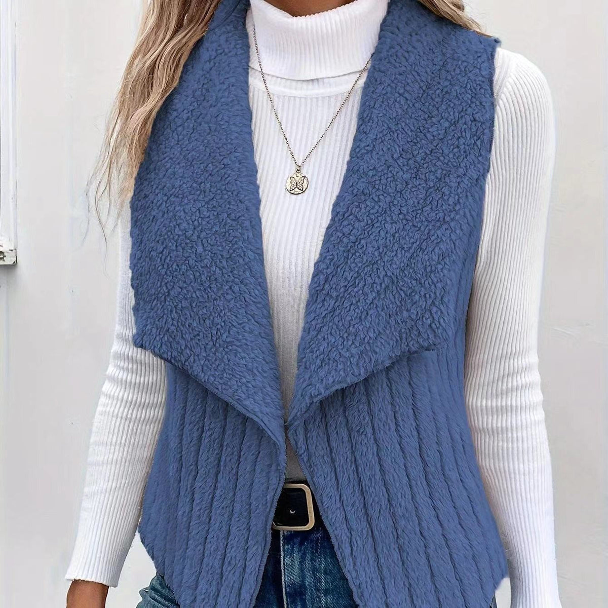 Augusta | Womens Fleece Sleeveless Waterfall Collar Vest Jacket, Blue